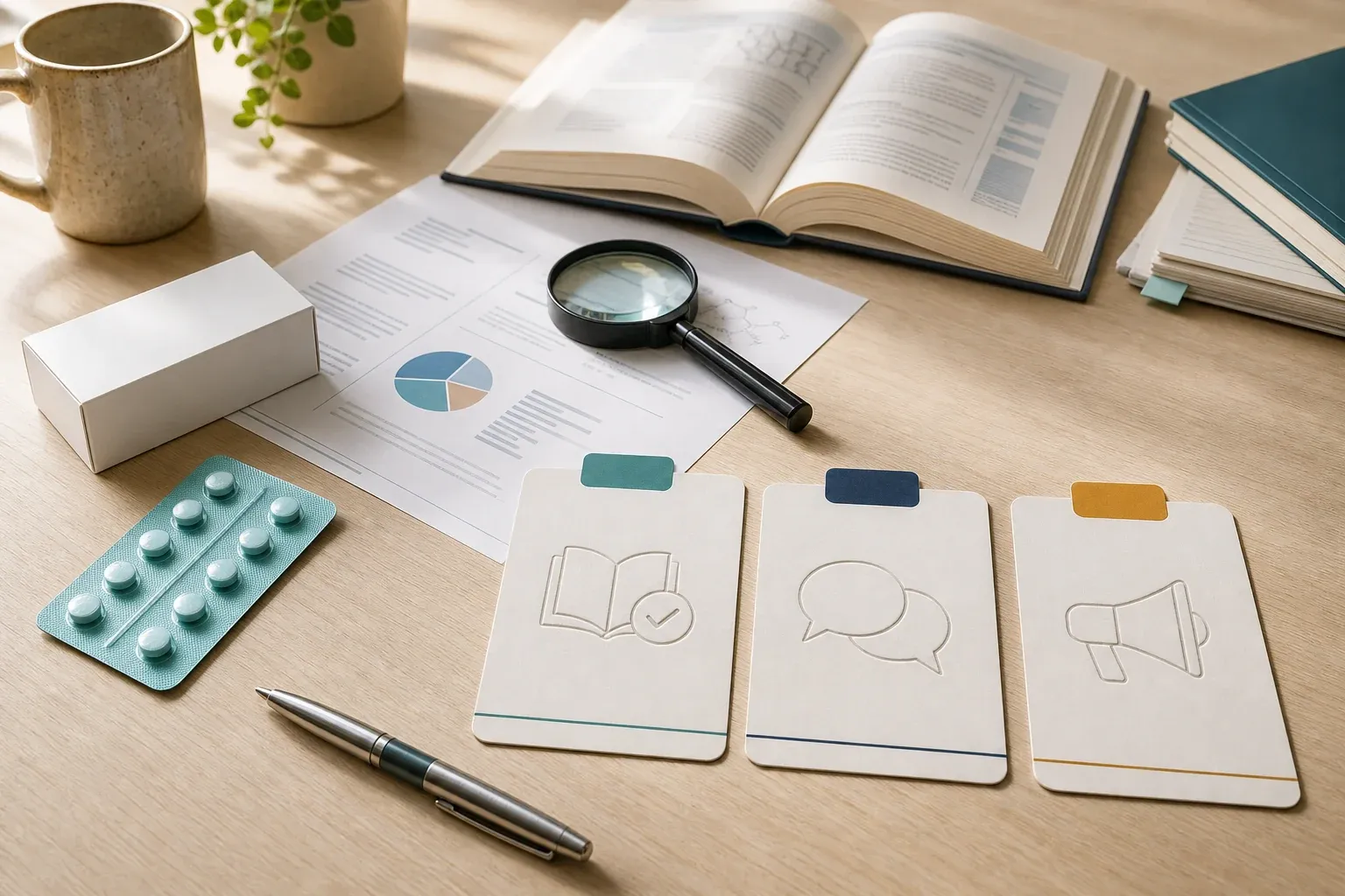Research desk with medicine references, product claims and discussion notes