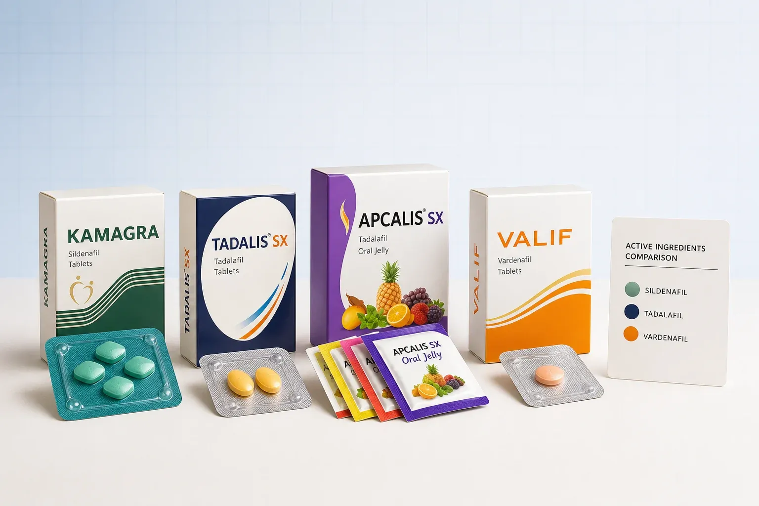 AI-generated illustrative lineup of Kamagra, Tadalis SX, Apcalis SX and Valif product formats across three active ingredients