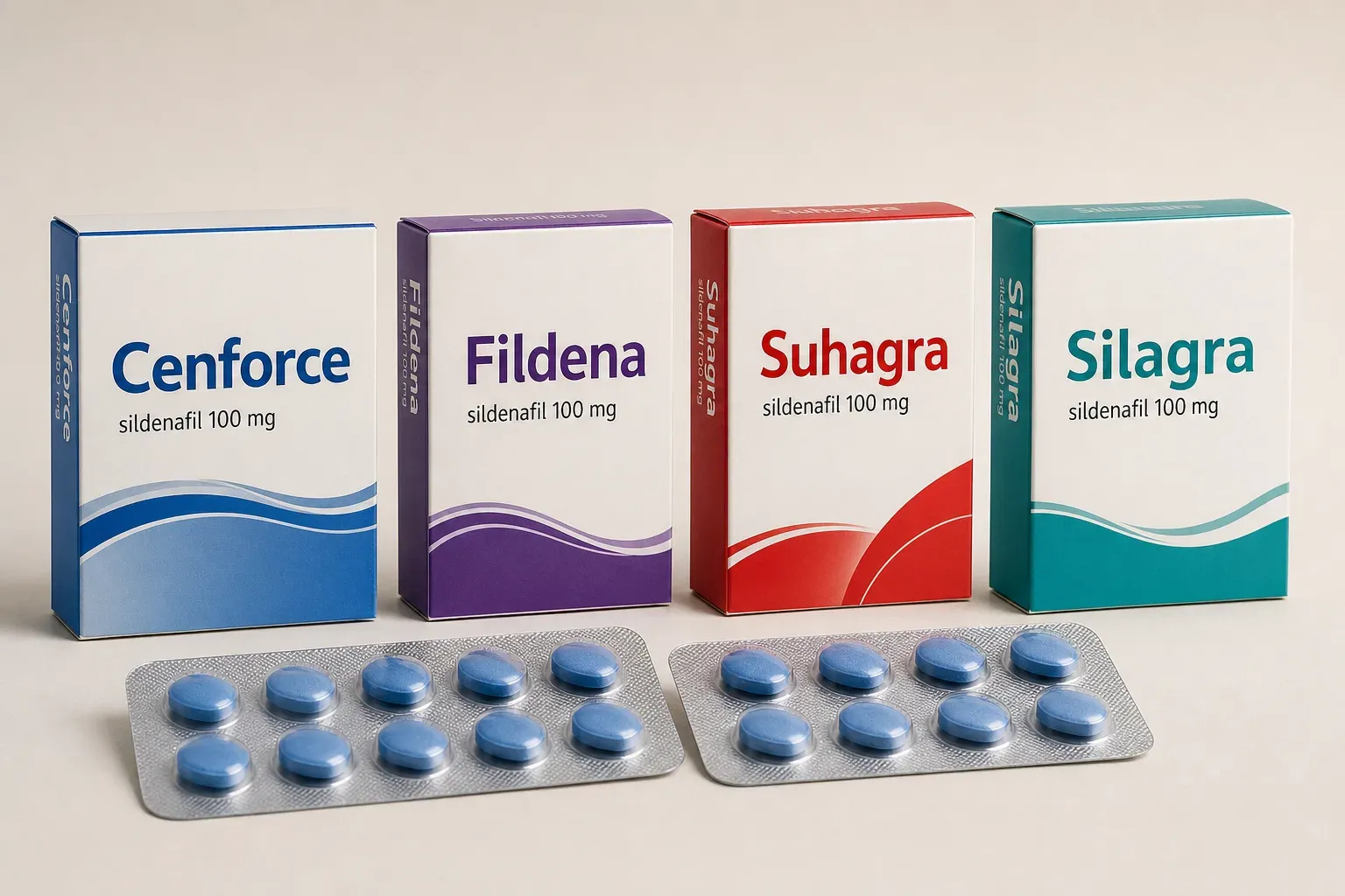 AI-generated illustrative rendering of four generic sildenafil cartons — Cenforce, Fildena, Suhagra and Silagra — with two blister packs