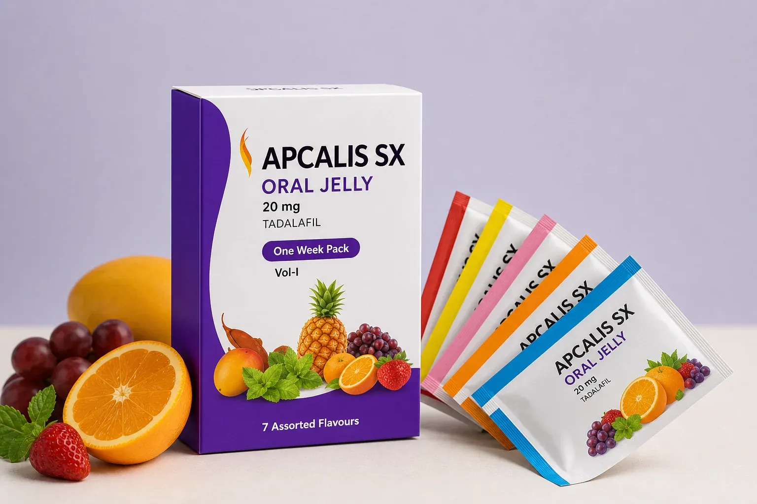 AI-generated illustrative rendering of an Apcalis SX Oral Jelly carton with five coloured sachets and fruit accents
