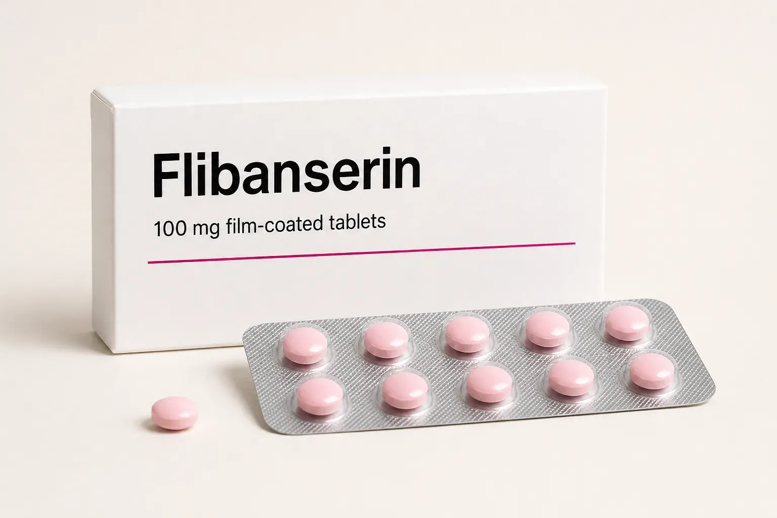 AI-generated illustrative rendering of a plain Flibanserin 100 mg carton with a blister of pale pink film-coated tablets