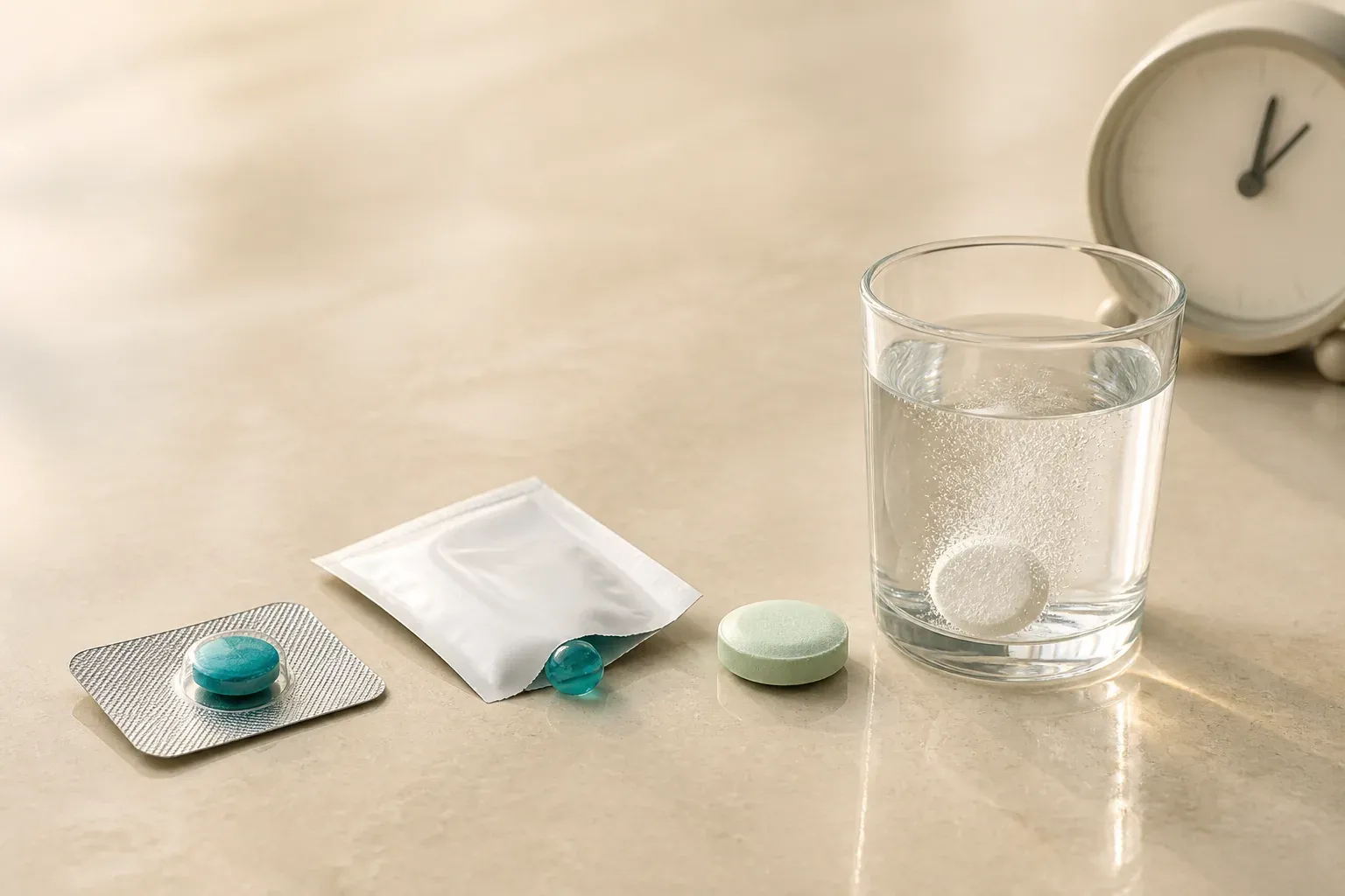 Sildenafil in four presentations on a pale surface beside a clock: a foil blister, a gel sachet, a chewable tablet and a tablet dissolving in a glass of water