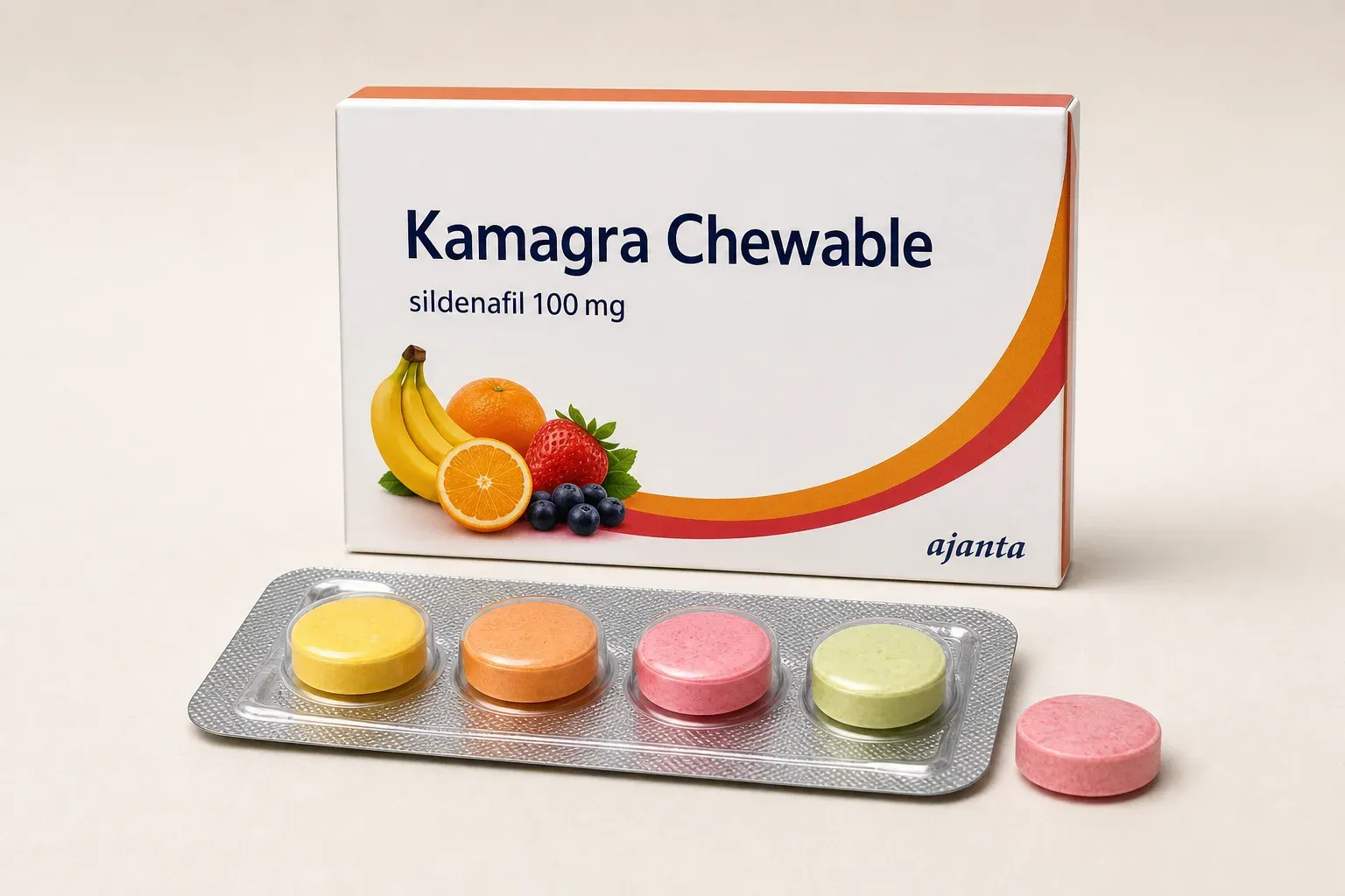 AI-generated illustrative rendering of a Kamagra Chewable carton with a blister of four fruit-coloured chewable tablets