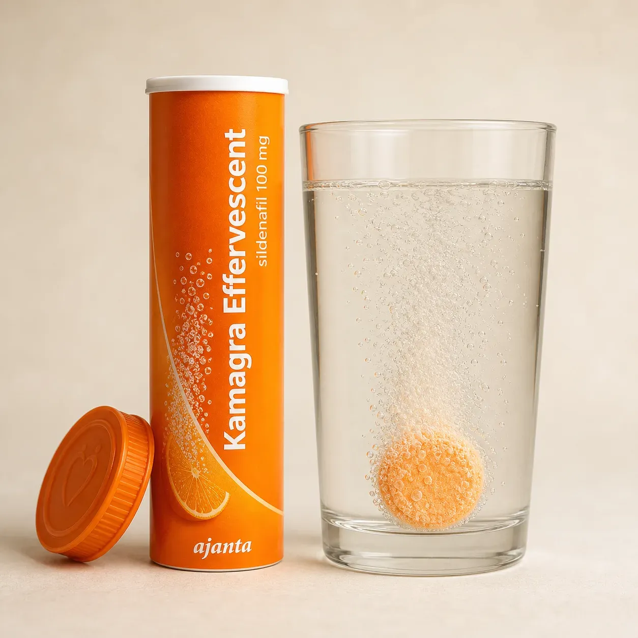 AI-generated illustrative rendering of a Kamagra Effervescent tube beside a glass of water with a fizzing orange tablet