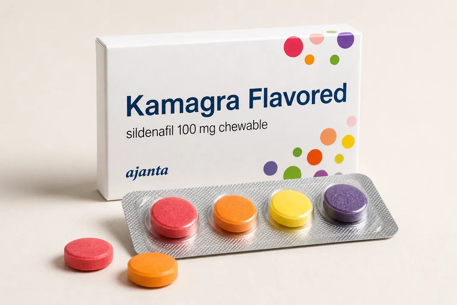 AI-generated illustrative rendering of a Kamagra Flavored carton with a blister of four brightly coloured fruit chewable tablets