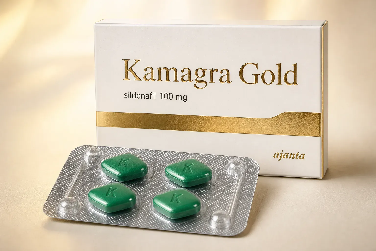 AI-generated illustrative rendering of a gold-accented Kamagra Gold carton with a blister of four green K-embossed tablets