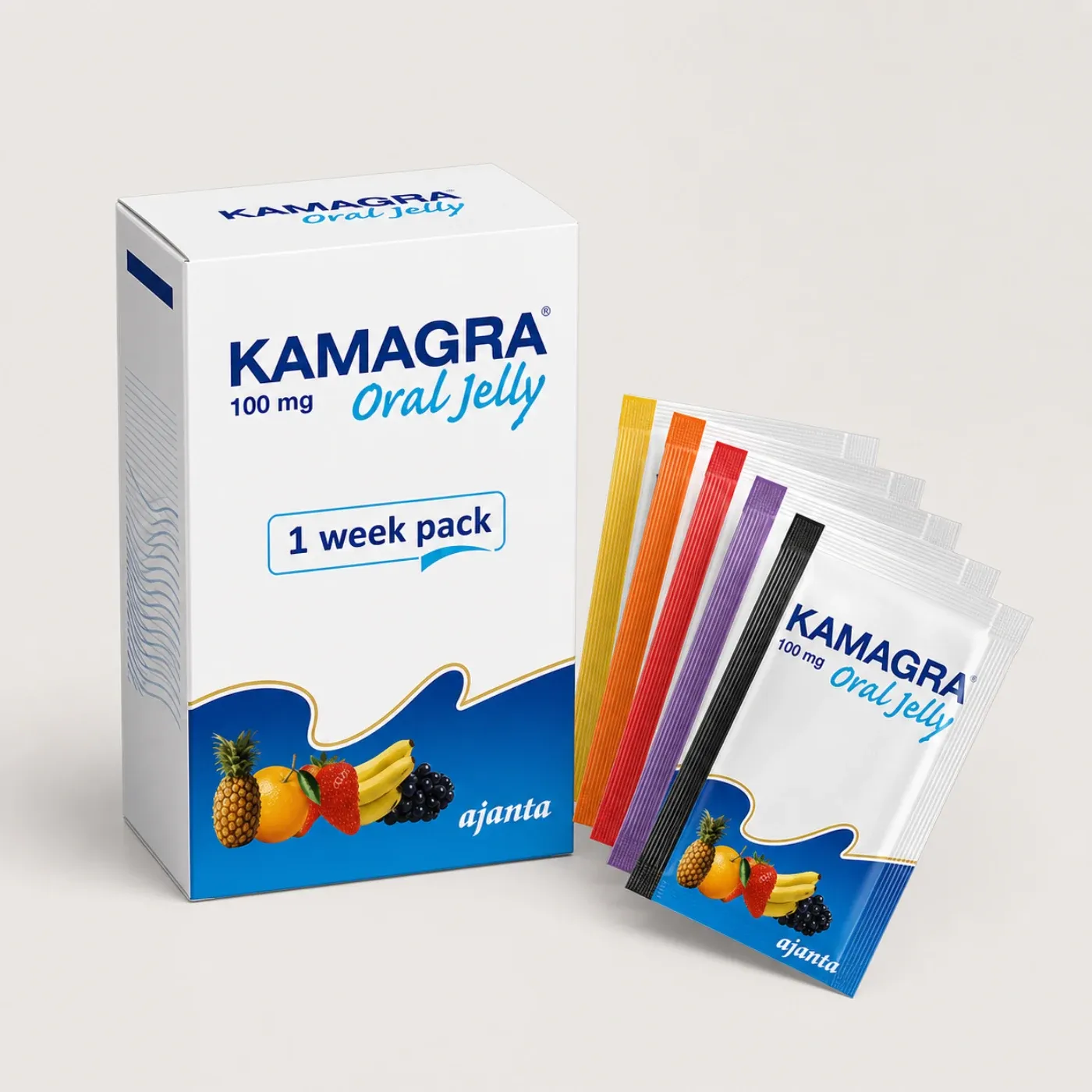 AI-generated illustrative rendering of a Kamagra Oral Jelly carton and sachets