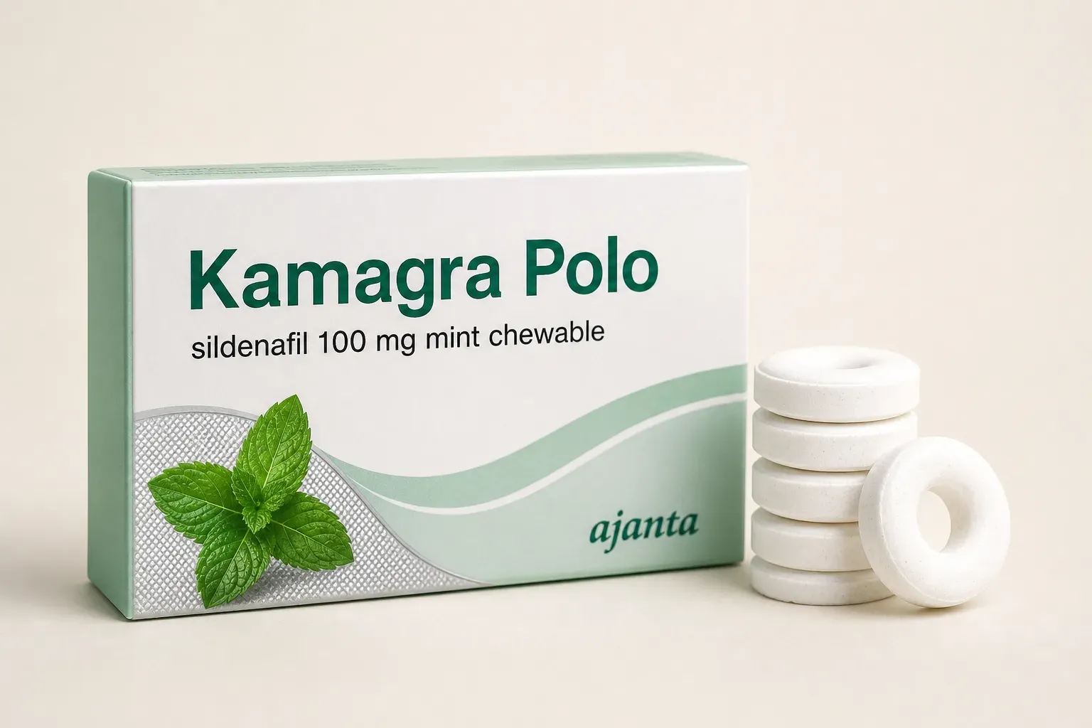 AI-generated illustrative rendering of a mint-green Kamagra Polo carton beside a stack of white ring-shaped tablets