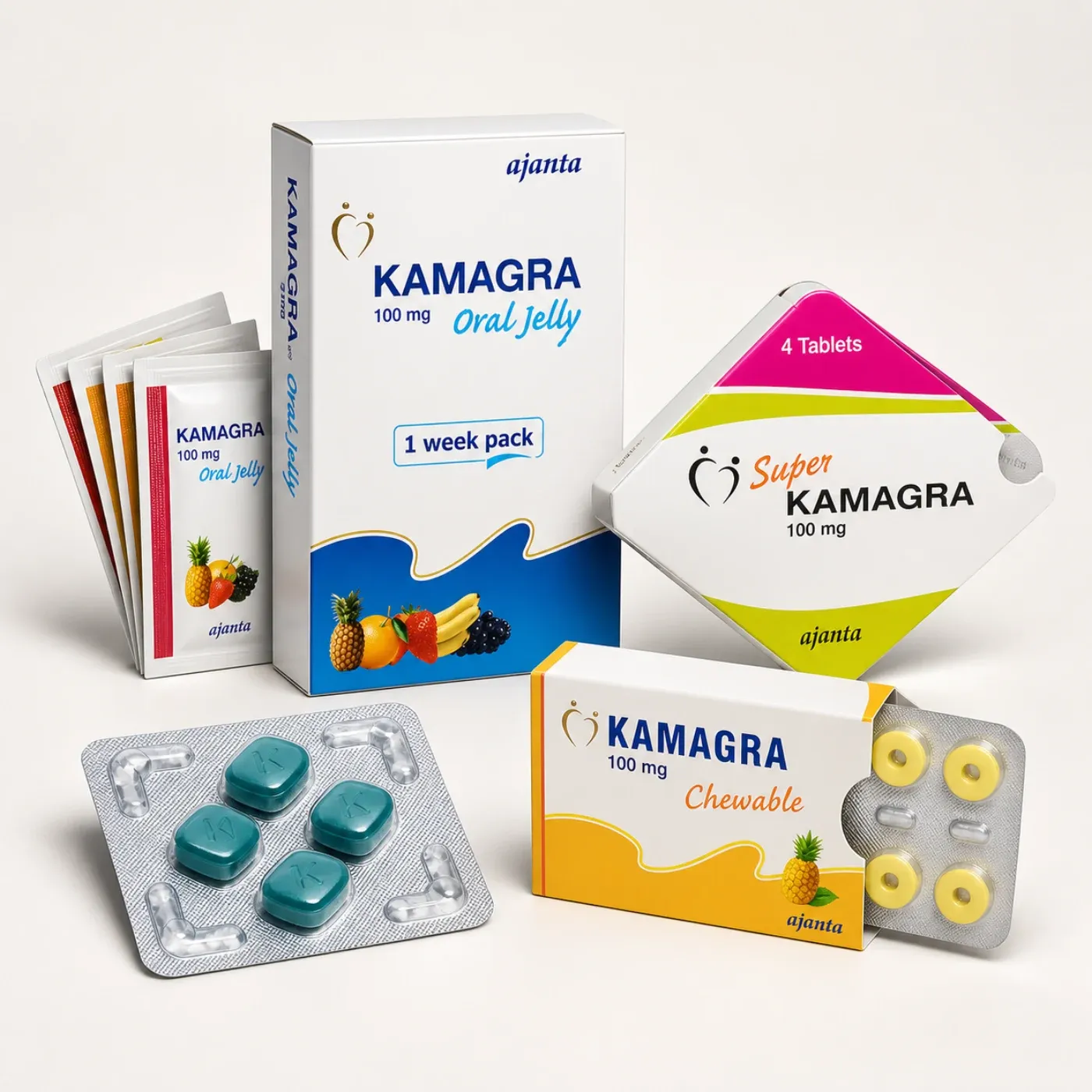 AI-generated illustrative rendering of Kamagra product formats for the Singapore guide