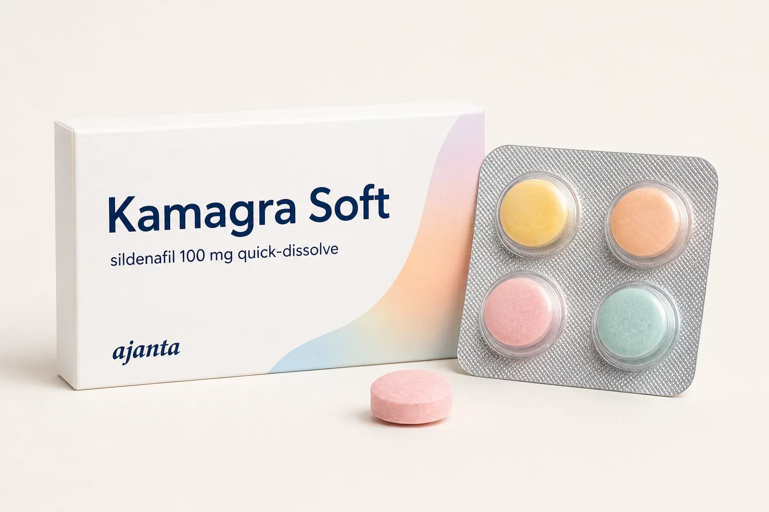 AI-generated illustrative rendering of a Kamagra Soft carton with a blister of four pastel quick-dissolve tablets