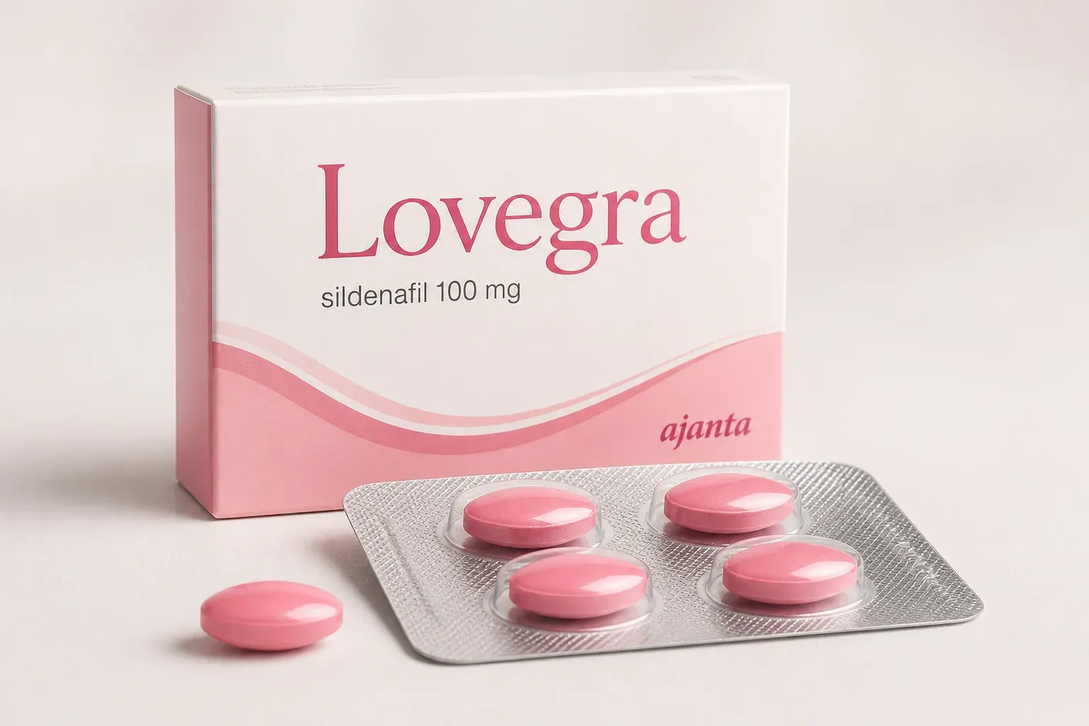 AI-generated illustrative rendering of a pink Lovegra carton with a blister of four pink film-coated tablets