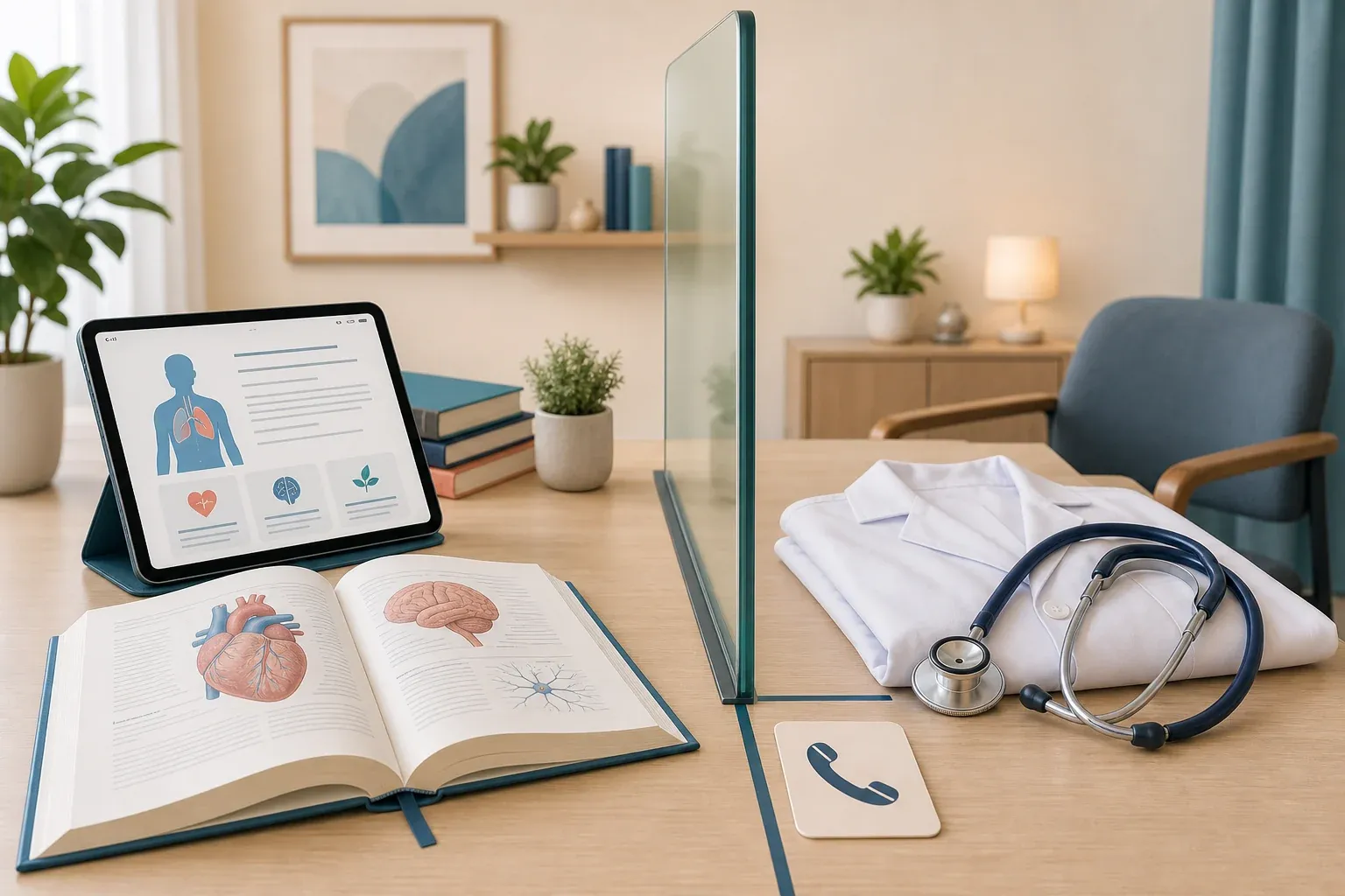 Educational health information separated by a clear divider from a clinician consultation area