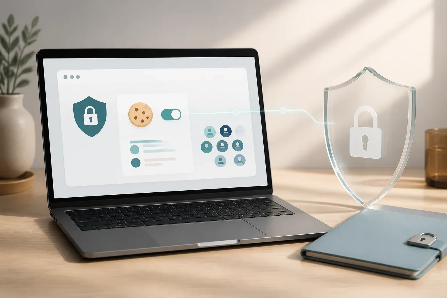 Laptop privacy controls with a cookie toggle, anonymous visitor icons and a transparent security shield