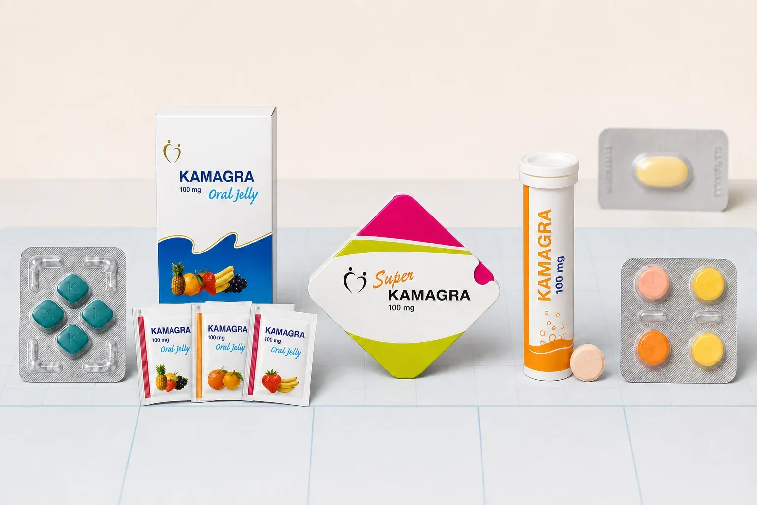 Illustrative lineup of Kamagra tablet, oral jelly, combination, effervescent and chewable product formats