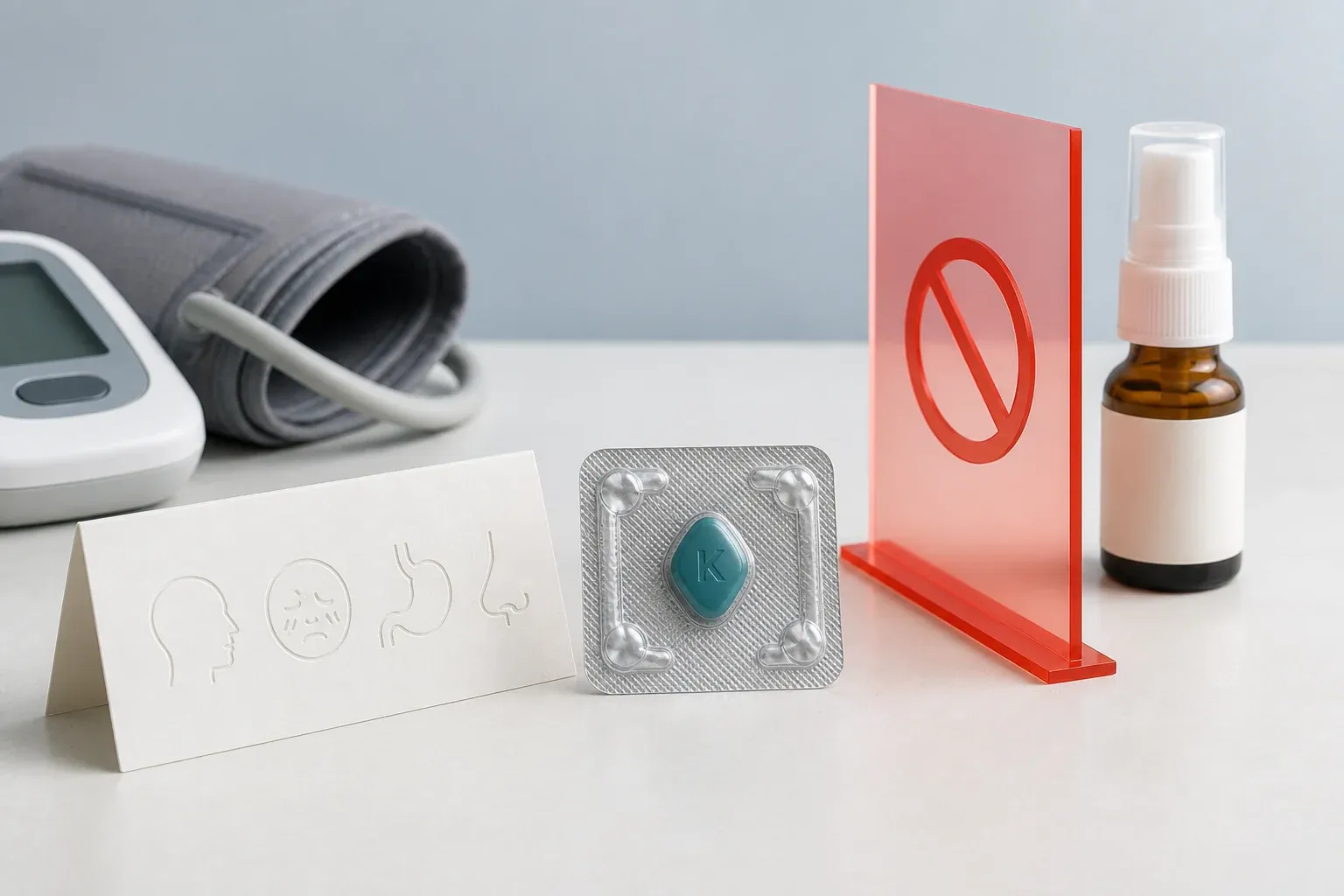 Teal tablet and symptom card beside a blood-pressure cuff, separated from a generic nitrate spray by a red warning divider