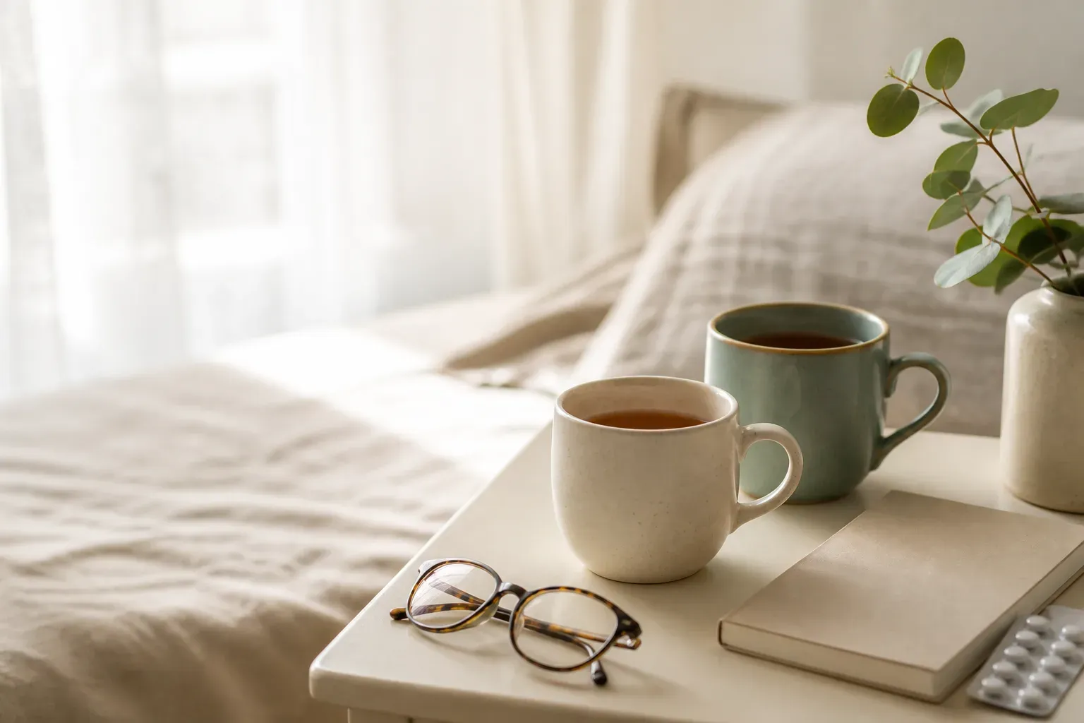 Two mugs, reading glasses and a notebook on a bedside table in morning light