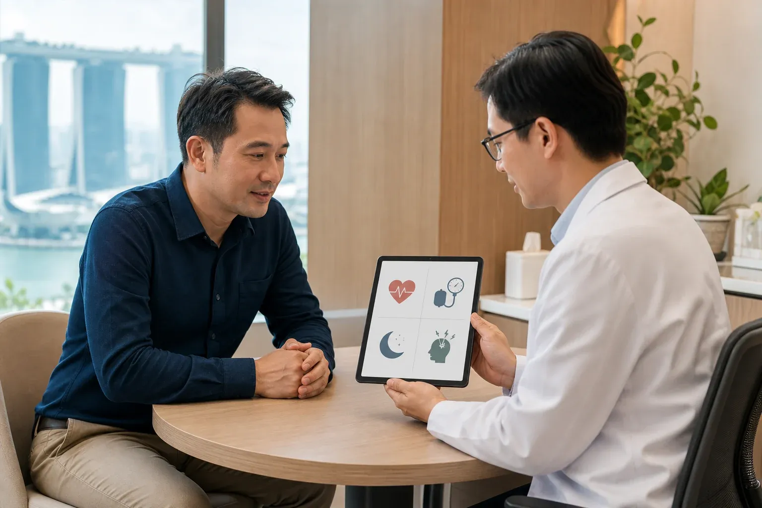 AI-generated scene of a Singapore patient and clinician reviewing heart, blood-pressure, sleep and stress factors