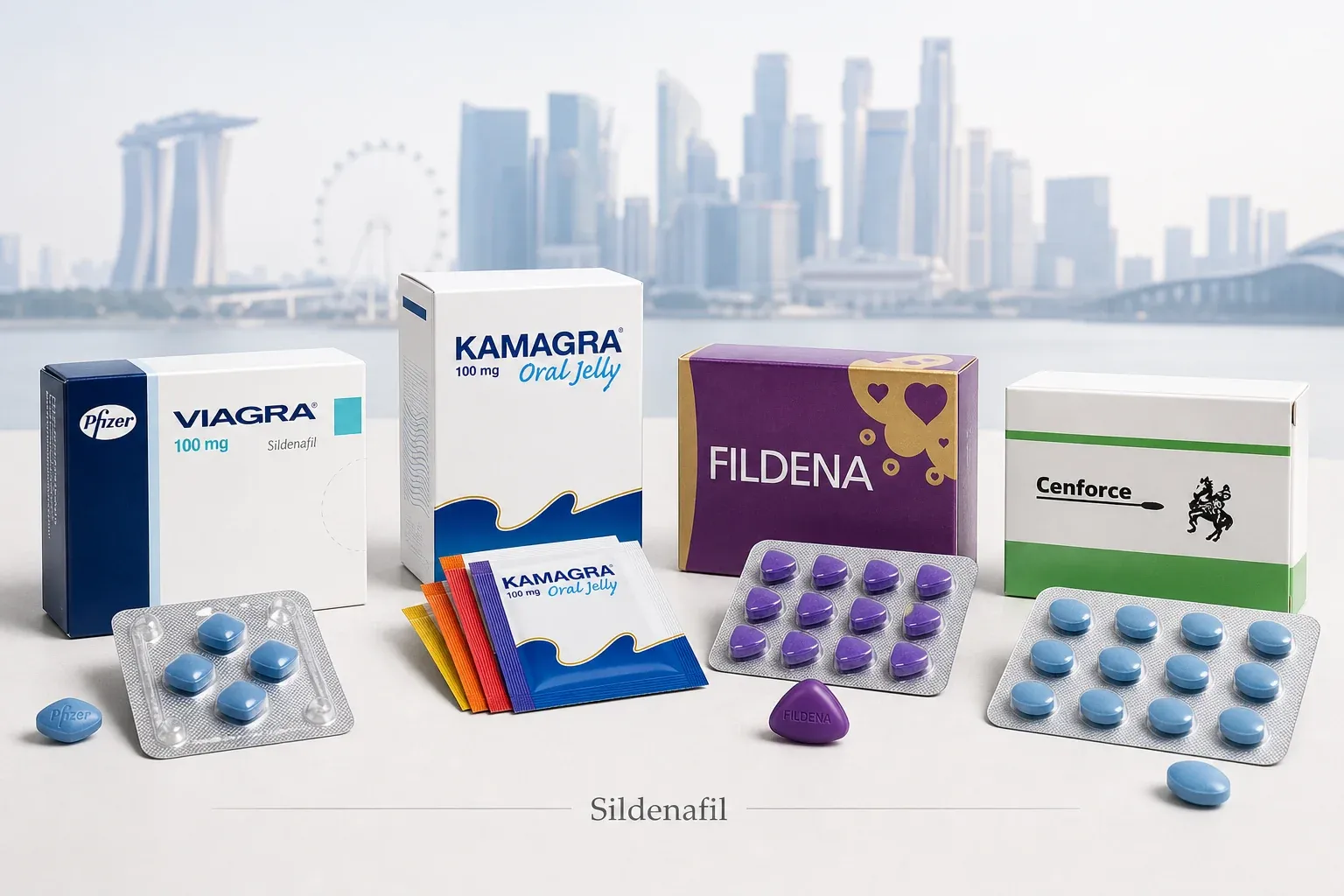 AI-generated editorial lineup of Viagra, Kamagra, Fildena and Cenforce product examples against a Singapore skyline