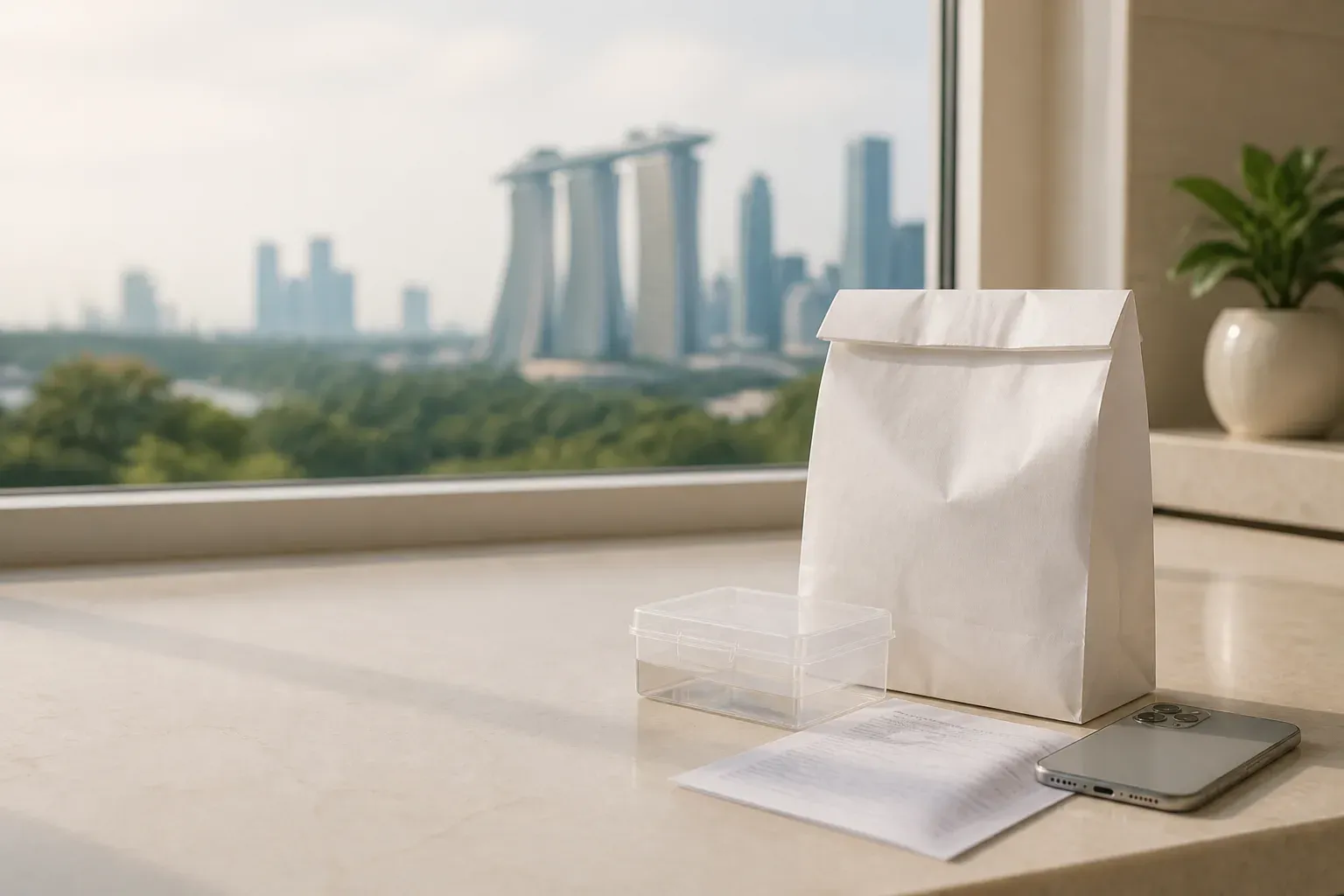 Editorial scene of a pharmacy bag, medicine information and a phone with the Singapore skyline beyond