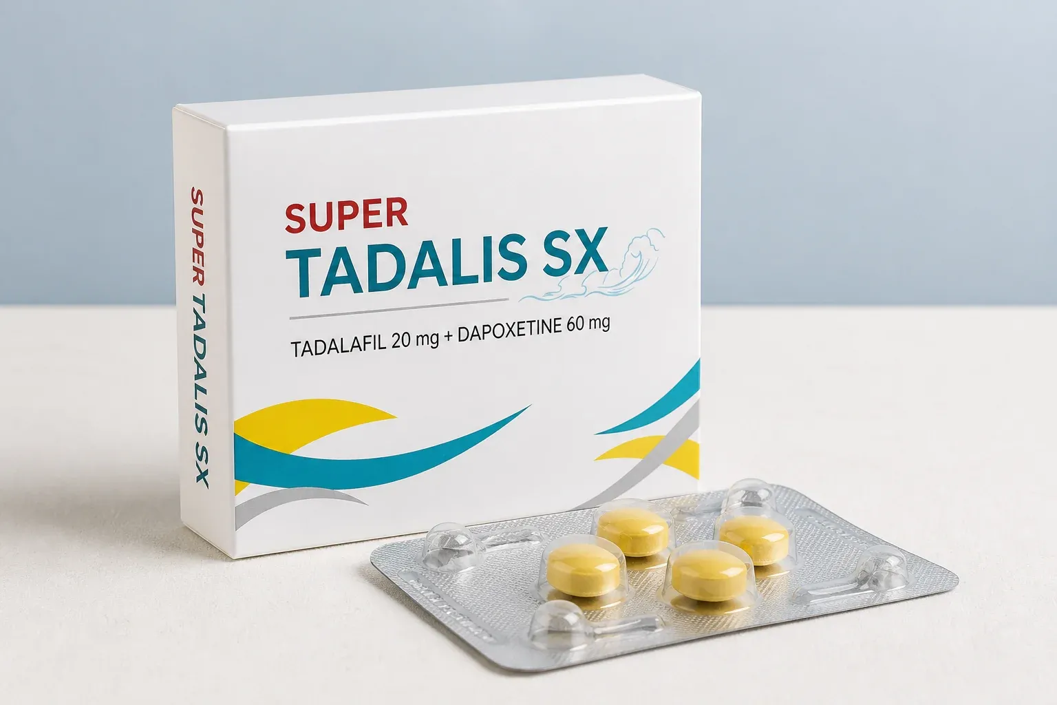AI-generated illustrative rendering of a Super Tadalis SX carton and four-tablet blister