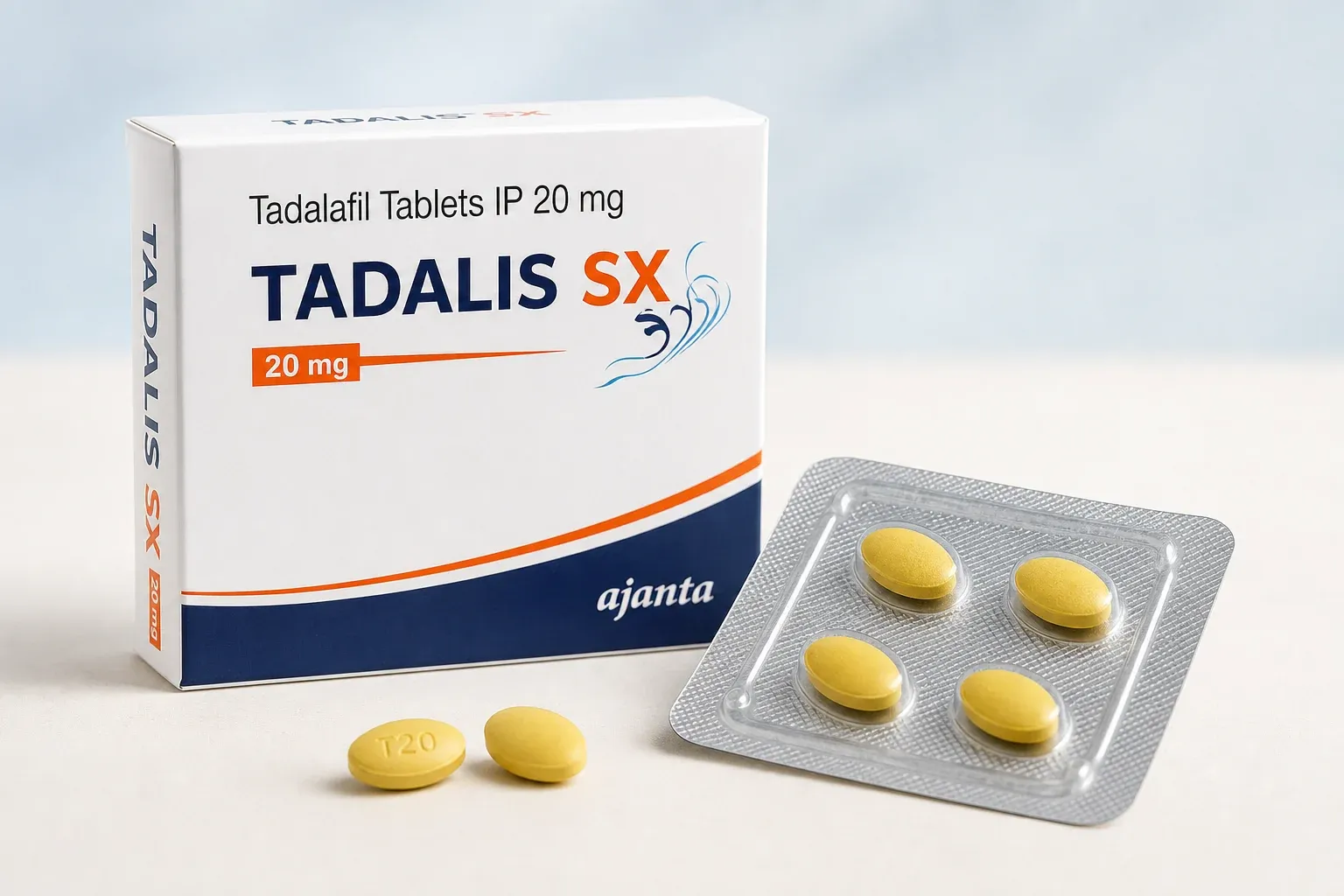 AI-generated illustrative rendering of a Tadalis SX carton, four-tablet blister and yellow tablets
