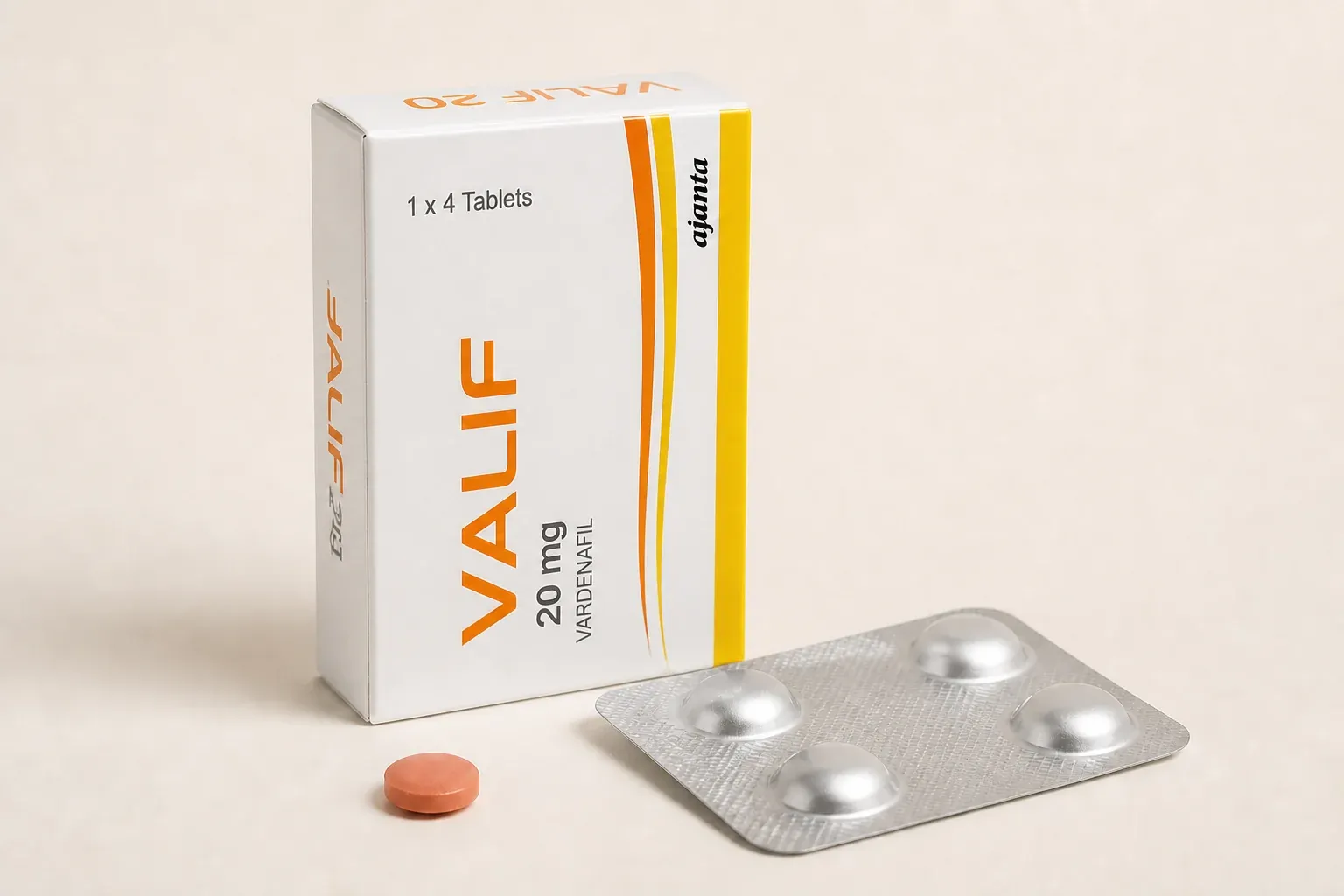 AI-generated illustrative rendering of a Valif 20 mg carton, four-tablet blister and orange tablet